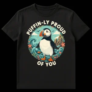 PUFFIN-LY PROUD OF YOU t-shirt featuring a colorful Atlantic Puffin in a circular marine landscape graphic on Black t-shirt
