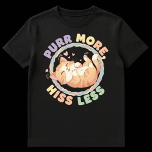 Happy ginger cat illustration t-shirt with 'PURR MORE HISS LESS' text and pastel colors on Black t-shirt