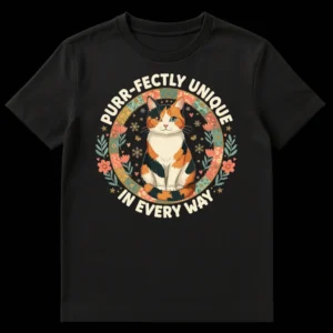 PURR-FECTLY UNIQUE IN EVERY WAY t-shirt featuring a calico cat with heterochromia and a folk art circular border on Black t-shirt