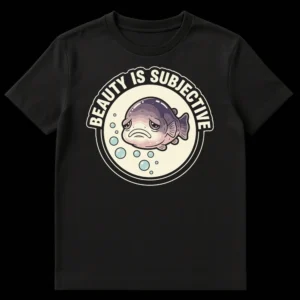 Blobfish t-shirt with 'BEAUTY IS SUBJECTIVE' text, featuring a stylized, sad blobfish in a circular design on a black background. on Black t-shirt