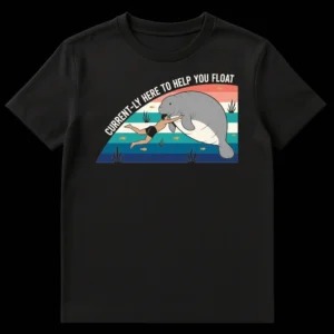 Manatee "CURRENT-LY HERE TO HELP YOU FLOAT" T-Shirt design featuring a manatee and person floating, with retro striped background on Black t-shirt