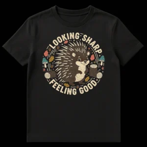 Whimsical hedgehog t-shirt with 'LOOKING SHARP FEELING GOOD' text, surrounded by autumn leaves and mushrooms on a black background. on Black t-shirt