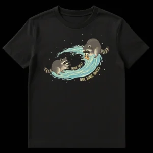 Two cartoon raccoons on a wave with text 'TRASH TALK? NAH, SHARE SNACKS' against a black background. on Black t-shirt