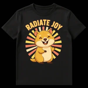 Cute cartoon groundhog t-shirt with 'RADIATE JOY' text and sunburst background on black fabric on Black t-shirt
