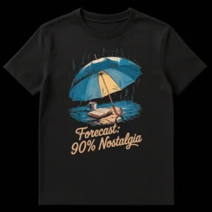 T-shirt with an illustration of an umbrella, book, and coffee in the rain, with text 'Forecast: 90% Nostalgia'. on Black t-shirt