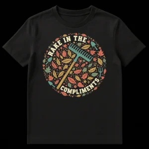 Rake In The Compliments funny gardening t-shirt with whimsical rake and autumn leaves with positive words on Black t-shirt