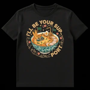 I'LL BE YOUR SUP-PORT ramen bowl t-shirt with a detailed soup port illustration, featuring ships, a crane, and ramen ingredients on a black background. on Black t-shirt