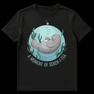Cute cartoon manatee t-shirt with text 'A Moment of Seren-i-tea'. Manatee is floating, holding a teacup. on Black t-shirt