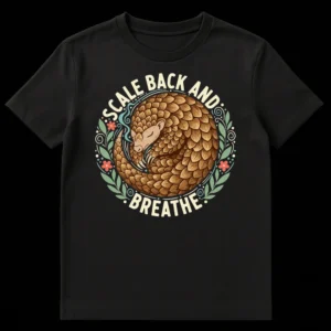 Whimsical pangolin t-shirt design with 'Scale Back And Breathe' text, botanical elements, and a serene, curled-up pangolin in earthy tones on a black background. on Black t-shirt