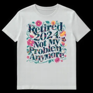 Retired 2024 Not My Problem Anymore t-shirt with floral botanical design in teal, pink, orange, green, and purple on White t-shirt
