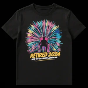 RETIRED 2024 NOT MY PROBLEM ANYMORE. T-shirt design with a black silhouette on a throne with a colorful bursting background. on Black t-shirt