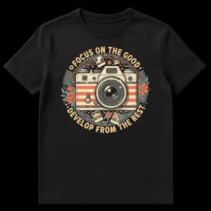 Vintage film camera t-shirt with 'Focus On The Good' and 'Develop From The Rest' text, surrounded by botanical elements, film strips, and polaroid photos in an earthy, muted color palette. on Black t-shirt