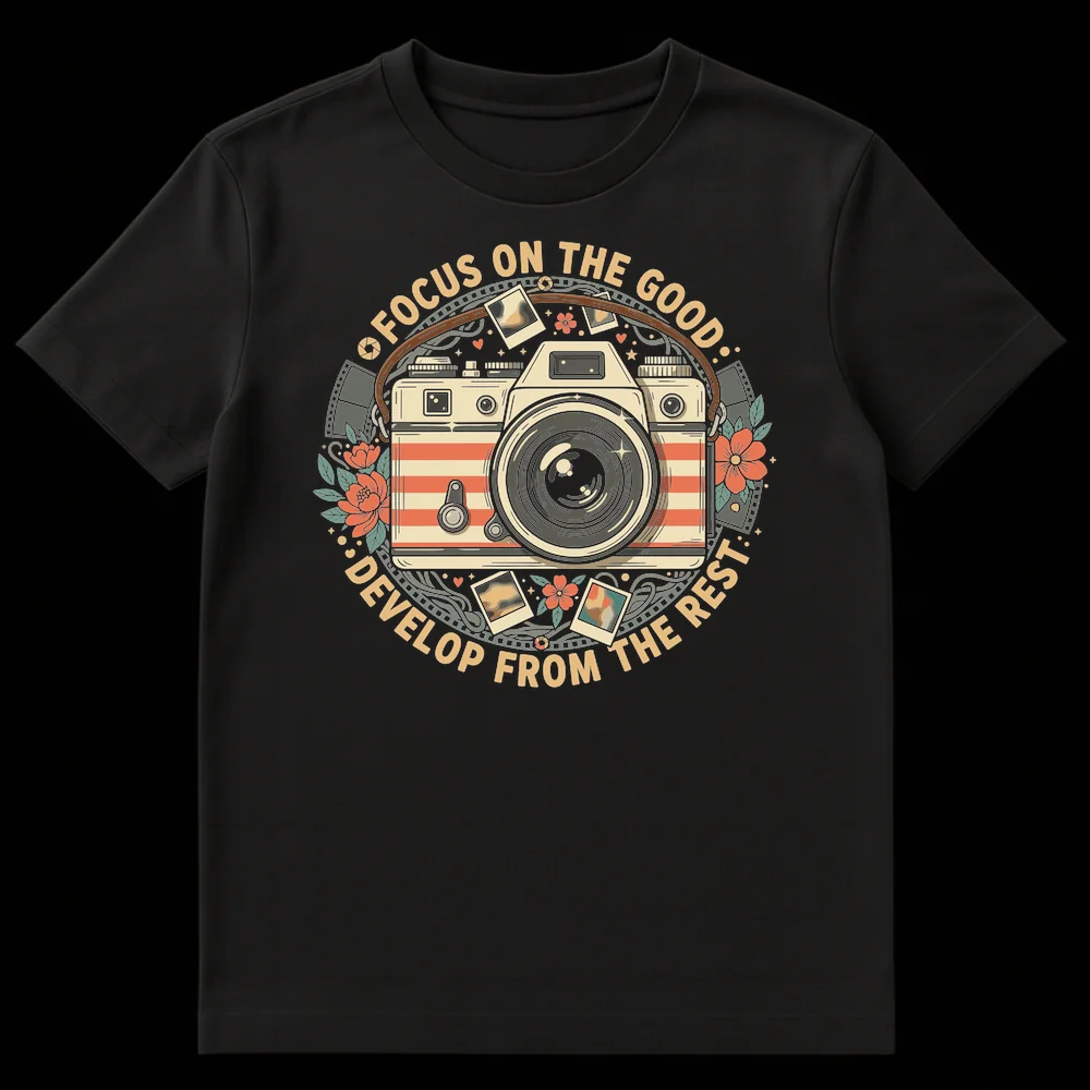 Vintage film camera t-shirt with 'Focus On The Good' and 'Develop From The Rest' text, surrounded by botanical elements, film strips, and polaroid photos in an earthy, muted color palette. on Black t-shirt