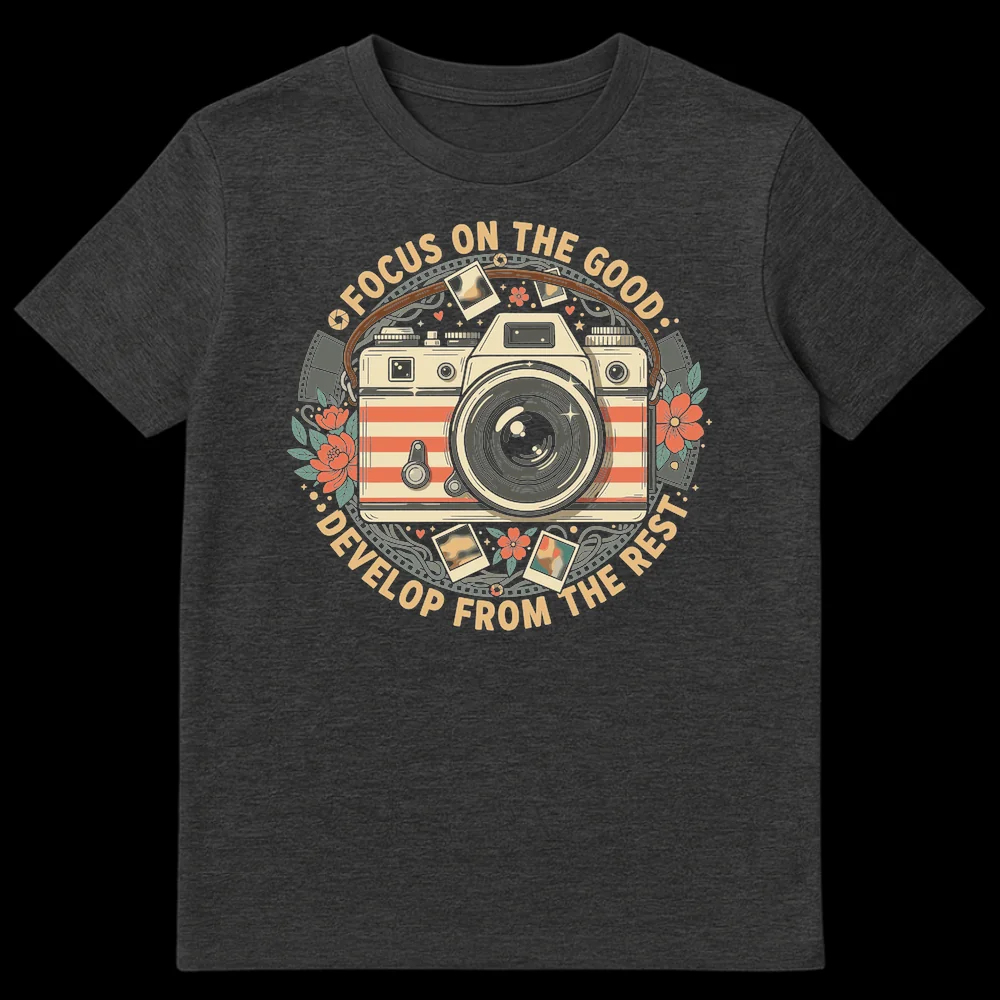Vintage film camera t-shirt with 'Focus On The Good' and 'Develop From The Rest' text, surrounded by botanical elements, film strips, and polaroid photos in an earthy, muted color palette. on Dark Heather t-shirt