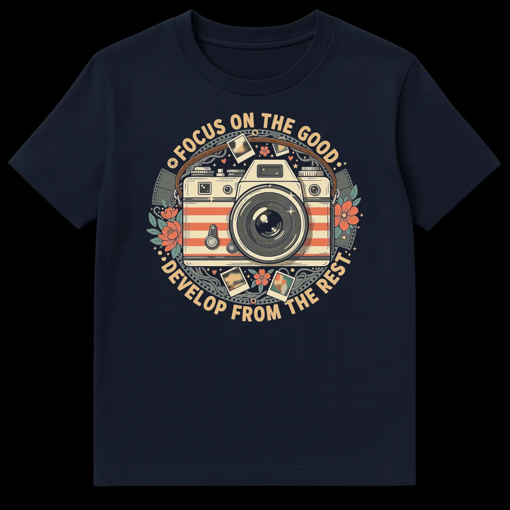 Vintage film camera t-shirt with 'Focus On The Good' and 'Develop From The Rest' text, surrounded by botanical elements, film strips, and polaroid photos in an earthy, muted color palette. on Navy Blue t-shirt