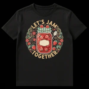 Let's Jam Together t-shirt with a strawberry jam jar surrounded by musical notes and berries on black fabric on Black t-shirt