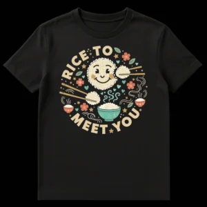 RICE TO MEET YOU funny Asian food pun t-shirt design with a smiling rice ball and chopsticks on a black background on Black t-shirt