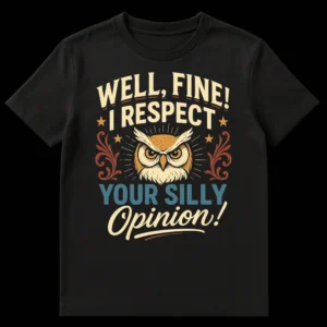 Sarcastic 'WELL, FINE! I RESPECT YOUR SILLY Opinion!' t-shirt featuring a grumpy owl, retro-inspired graphic design with vintage typography and distressed texture. on Black t-shirt