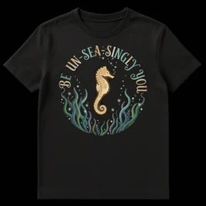 Organic illustrative seahorse design t-shirt with 'BE UN-SEA-SINGLY YOU' pun text and seaweed on a black background on Black t-shirt