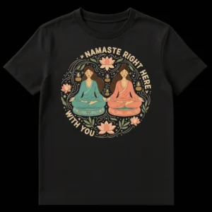 Two meditating women holding hands with Namaste Right Here With You text, lotus flowers, and candles on a black background on Black t-shirt