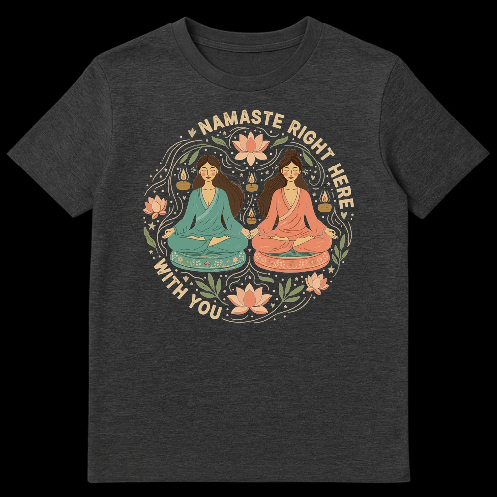 Two meditating women holding hands with Namaste Right Here With You text, lotus flowers, and candles on a black background on Dark Heather t-shirt
