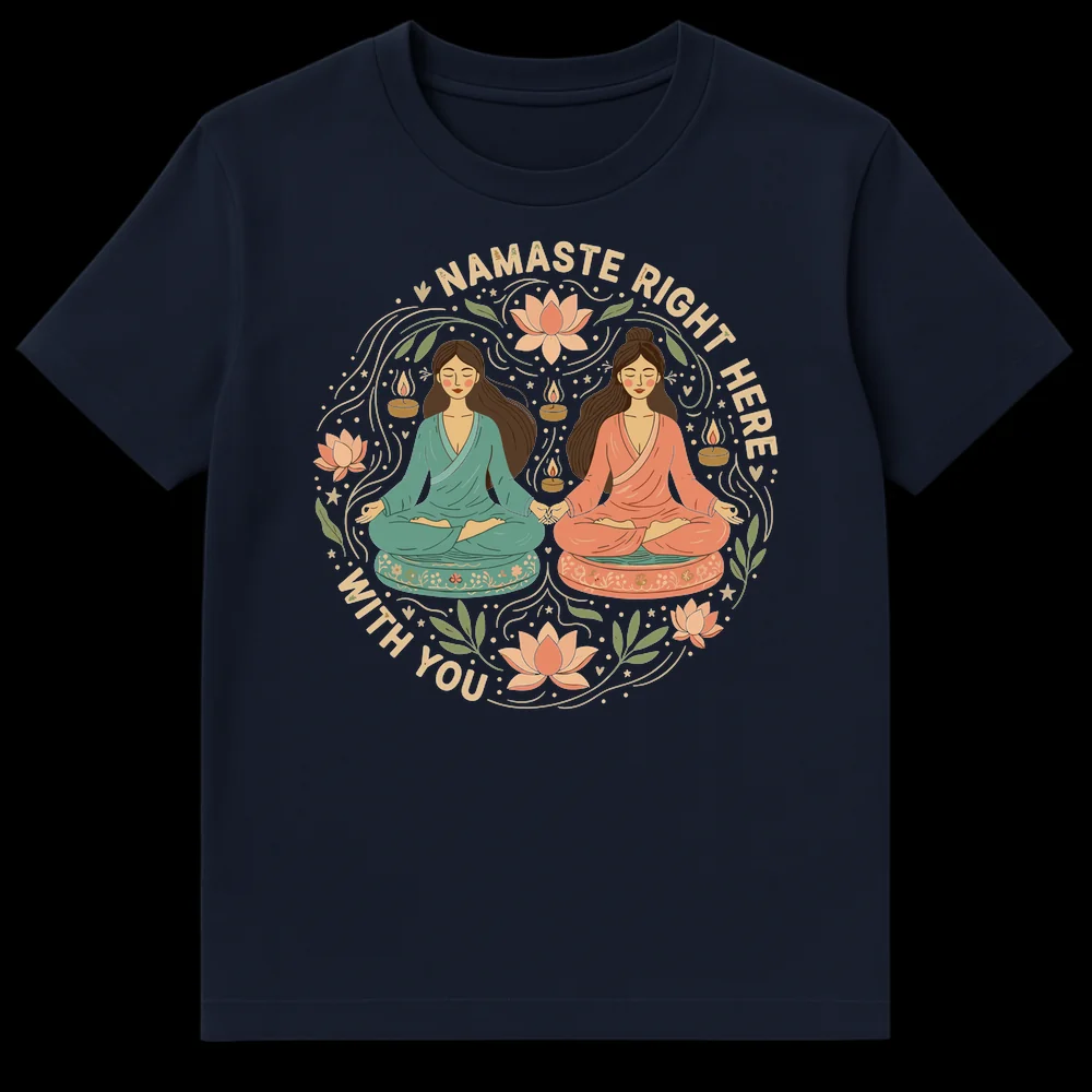Two meditating women holding hands with Namaste Right Here With You text, lotus flowers, and candles on a black background on Navy Blue t-shirt