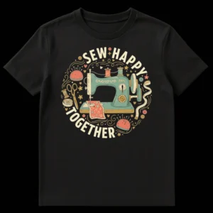 Vintage sewing machine t-shirt with 'SEW HAPPY TOGETHER' text and craft notions like spools, scissors, and pincushions on a black background. on Black t-shirt