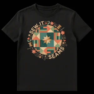 Black t-shirt with a rustic folk art design featuring a central quilt block, 'SEW IT SEAMS' text, thread spools, and buttons in earthy colors. on Black t-shirt