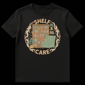 Shelf Care Book Lover T-Shirt with Cozy Reading Nook Design on Black t-shirt