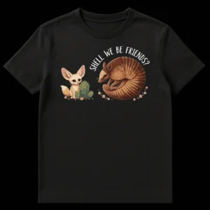 SHELL WE BE FRIENDS? t-shirt with fennec fox, armadillo, and cacti on a black background on Black t-shirt