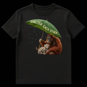 T-shirt design showing an orangutan holding an umbrella over a clouded leopard with 'SHELTER EACH OTHER' text, promoting wildlife conservation. on Black t-shirt