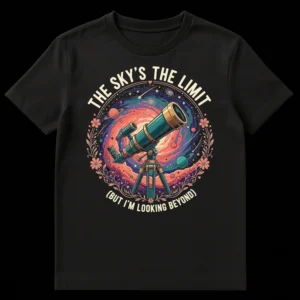 T-shirt with a cosmic design of a telescope looking into a colorful galaxy and planets, featuring the text 'THE SKY'S THE LIMIT (BUT I'M LOOKING BEYOND)' on Black t-shirt