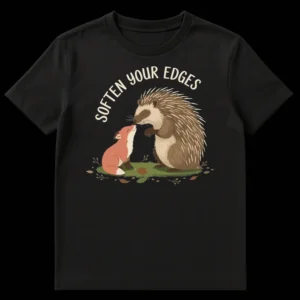 Soften Your Edges t-shirt with a cartoon porcupine and fox hugging on a black background, conveying a message of kindness and empathy. on Black t-shirt