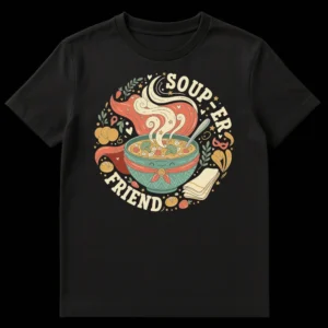 Whimsical 'SOUP-ER FRIEND' t-shirt with a cartoon soup bowl superhero, cape, mask, and various food elements like broccoli, carrots, and crackers. Retro comfort food design. on Black t-shirt