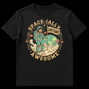 SPACE-IALLY AWESOME t-shirt featuring a cartoon astronaut on the moon holding a flag, retro style on Black t-shirt
