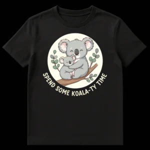 Cute 'Spend Some Koala-ty Time' t-shirt with two hugging koalas on a branch, black background on Black t-shirt