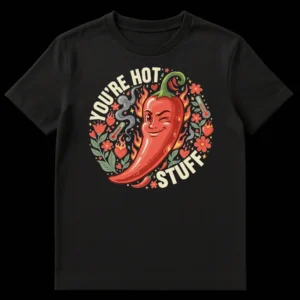 You're Hot Stuff T-shirt with a winking chili pepper, flames, and thermometers on a black background on Black t-shirt
