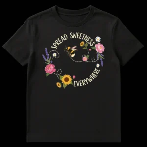 Bumblebee and floral wreath t-shirt with 'SPREAD SWEETNESS EVERYWHERE' text in a cheerful, illustrative style. on Black t-shirt