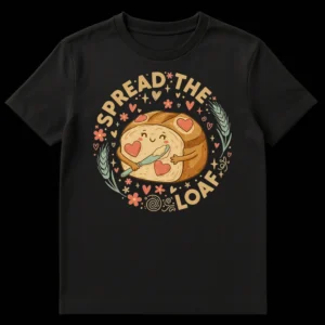 Spread The Loaf T-Shirt with happy anthropomorphic bread loaf spreading butter and hearts on Black t-shirt