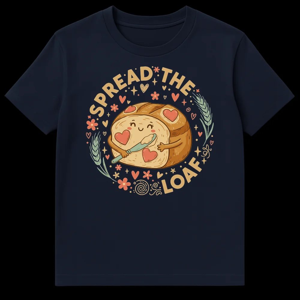 Spread The Loaf T-Shirt with happy anthropomorphic bread loaf spreading butter and hearts on Navy Blue t-shirt