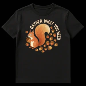 T-shirt featuring a stylized cheerful squirrel with acorns and text 'GATHER WHAT YOU NEED' on a black background. on Black t-shirt