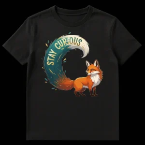 Stylized red fox t-shirt with golden 'STAY CURIOUS' text on a black background, featuring a teal and cream swirl. on Black t-shirt