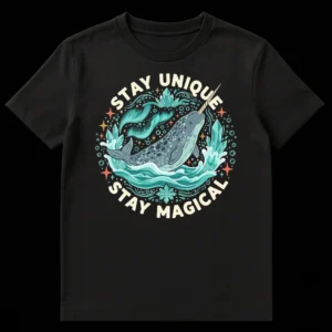 Whimsical narwhal t-shirt design with 'STAY UNIQUE STAY MAGICAL' text, vibrant teal and aqua colors on black background on Black t-shirt