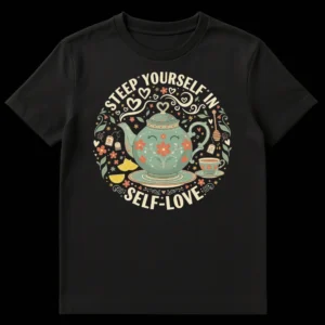 Self-Care Enthusiast "Steep Yourself in Self-Love" Whimsical Tea Pot Wellness T-Shirt on Black t-shirt