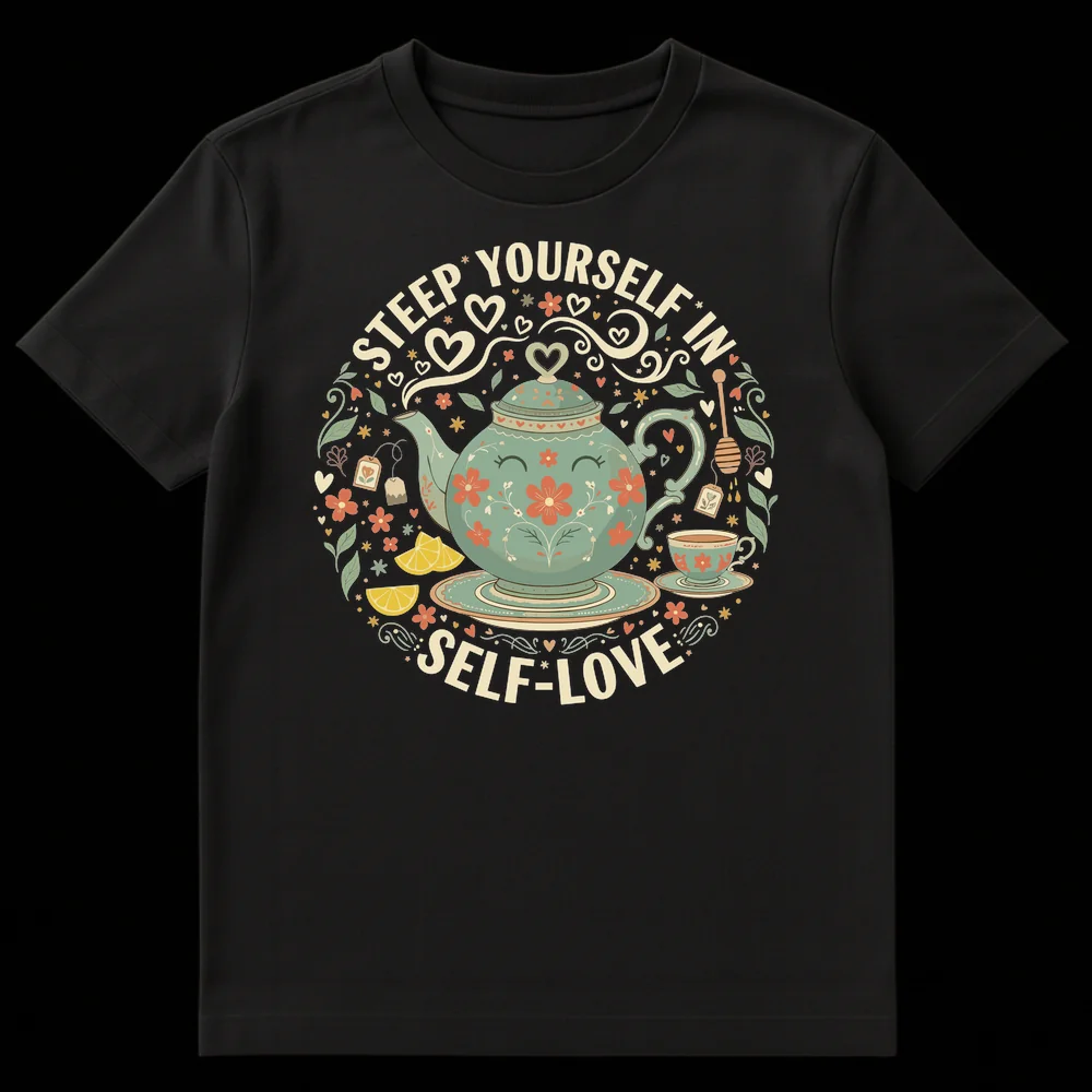 Self-Care Enthusiast "Steep Yourself in Self-Love" Whimsical Tea Pot Wellness T-Shirt on Black t-shirt