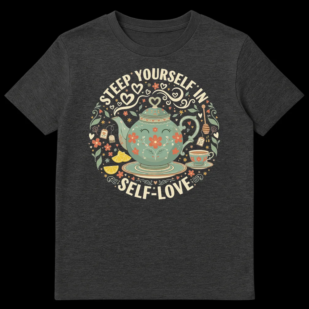 Self-Care Enthusiast "Steep Yourself in Self-Love" Whimsical Tea Pot Wellness T-Shirt on Dark Heather t-shirt