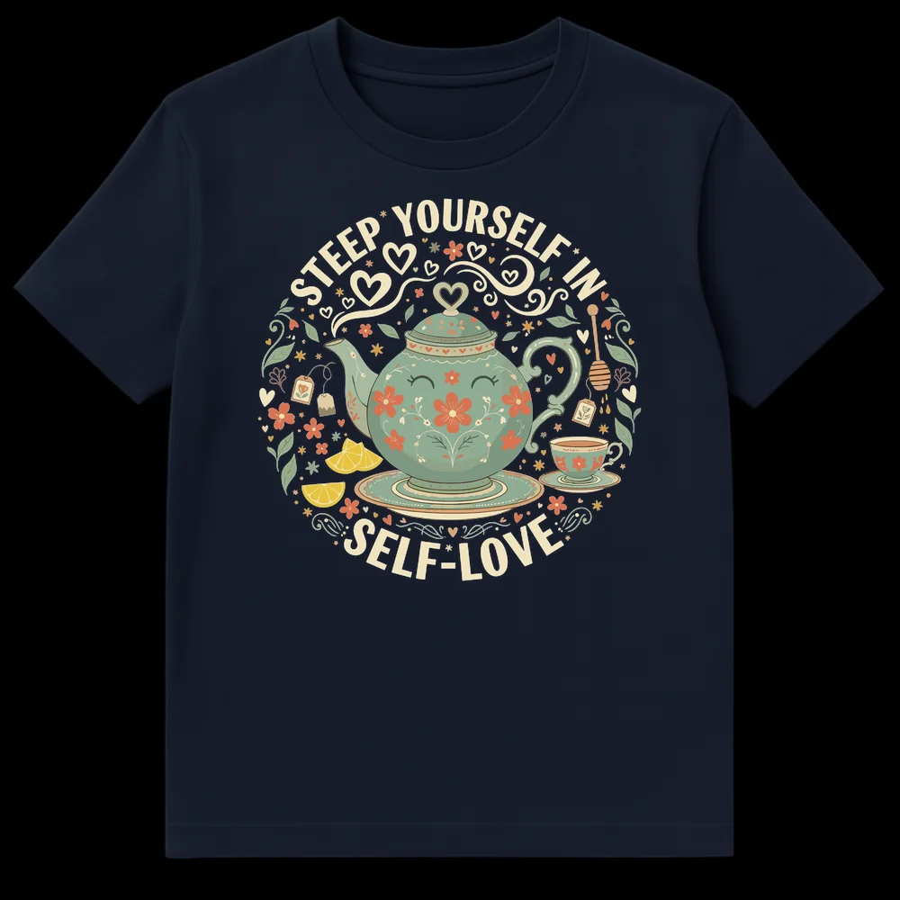 Self-Care Enthusiast "Steep Yourself in Self-Love" Whimsical Tea Pot Wellness T-Shirt on Navy Blue t-shirt