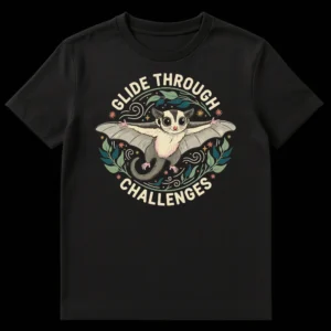 T-shirt with an illustrated sugar glider gliding, surrounded by leaves and stars, with the text 'GLIDE THROUGH CHALLENGES' in an arc above and below. Design has a whimsical, nature-inspired style on a black background. on Black t-shirt