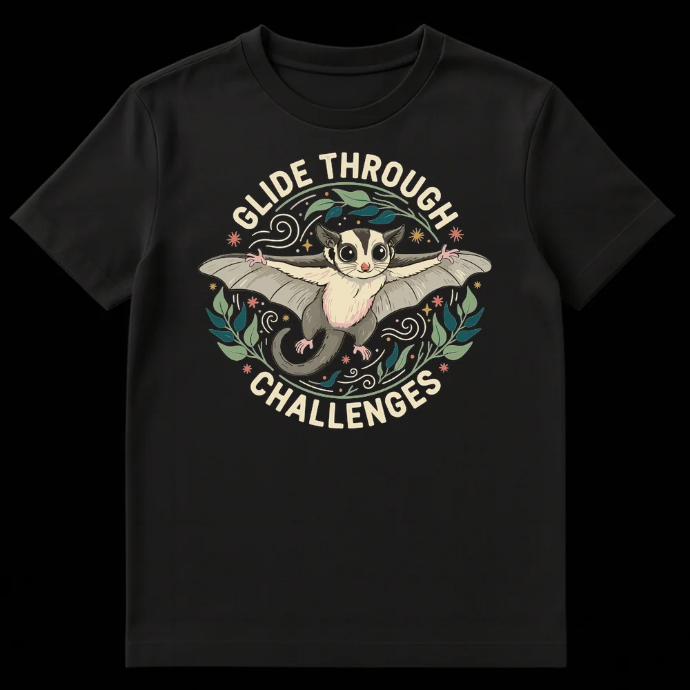 T-shirt with an illustrated sugar glider gliding, surrounded by leaves and stars, with the text 'GLIDE THROUGH CHALLENGES' in an arc above and below. Design has a whimsical, nature-inspired style on a black background. on Black t-shirt