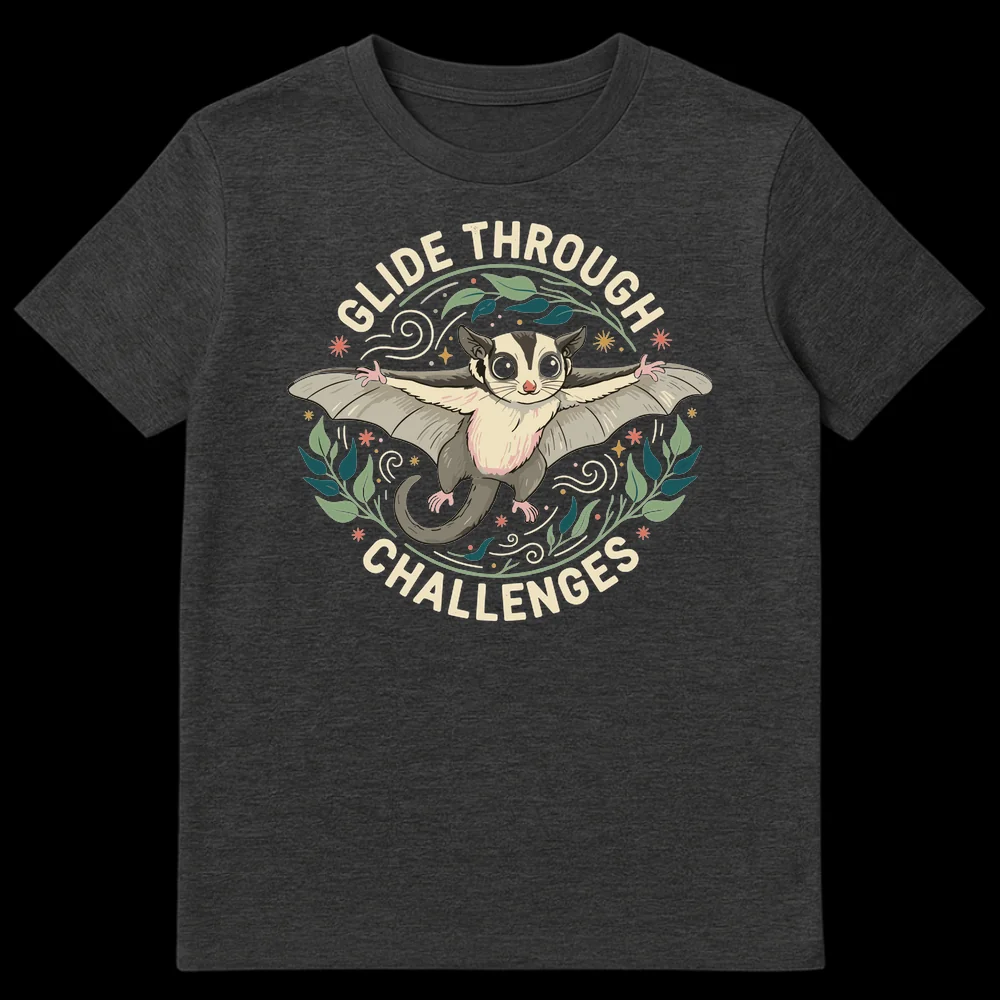 T-shirt with an illustrated sugar glider gliding, surrounded by leaves and stars, with the text 'GLIDE THROUGH CHALLENGES' in an arc above and below. Design has a whimsical, nature-inspired style on a black background. on Dark Heather t-shirt